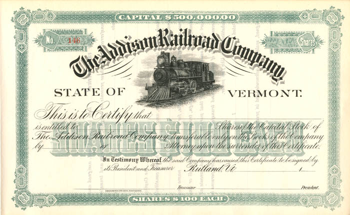 Addison Railroad Co. - Stock Certificate
